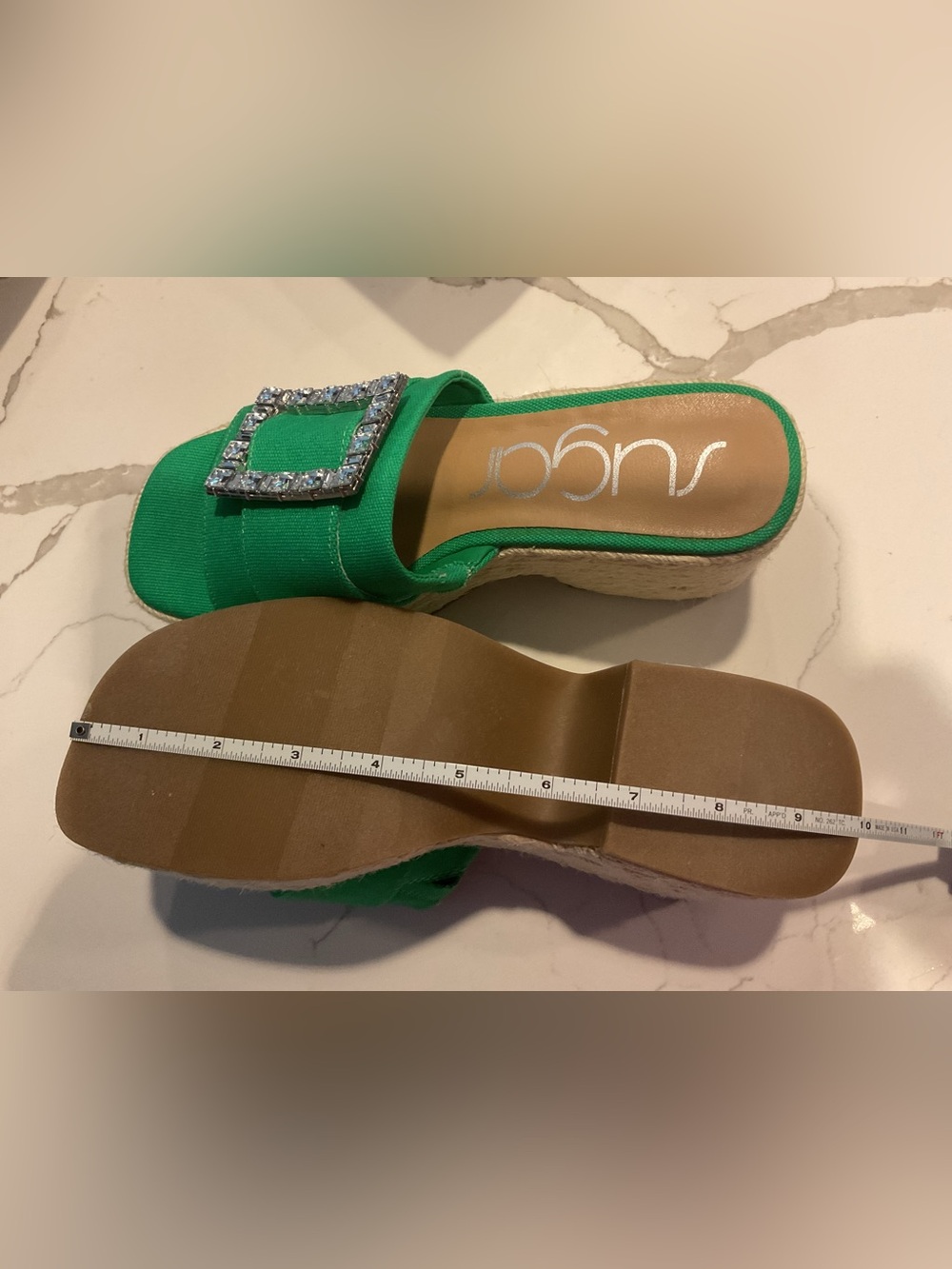Sugar Embellished Green Espadrille Wedge Sandals NWT Sz 7 - Picture 9 of 10